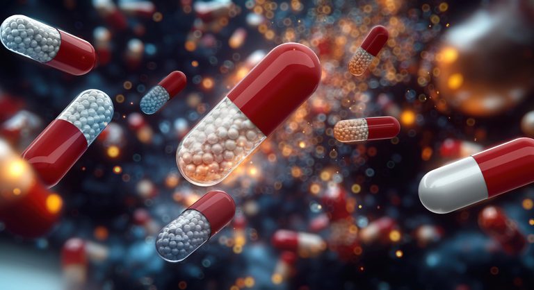 Medical capsules floating in mid-air. Close-up view of red and white pills with visible granules. Pharmaceutical background, medicine, healthcare concept. Drug delivery, medication, treatment, 3D illustration