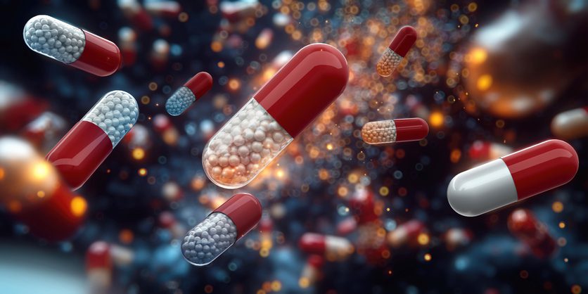 Medical capsules floating in mid-air. Close-up view of red and white pills with visible granules. Pharmaceutical background, medicine, healthcare concept. Drug delivery, medication, treatment, 3D illustration