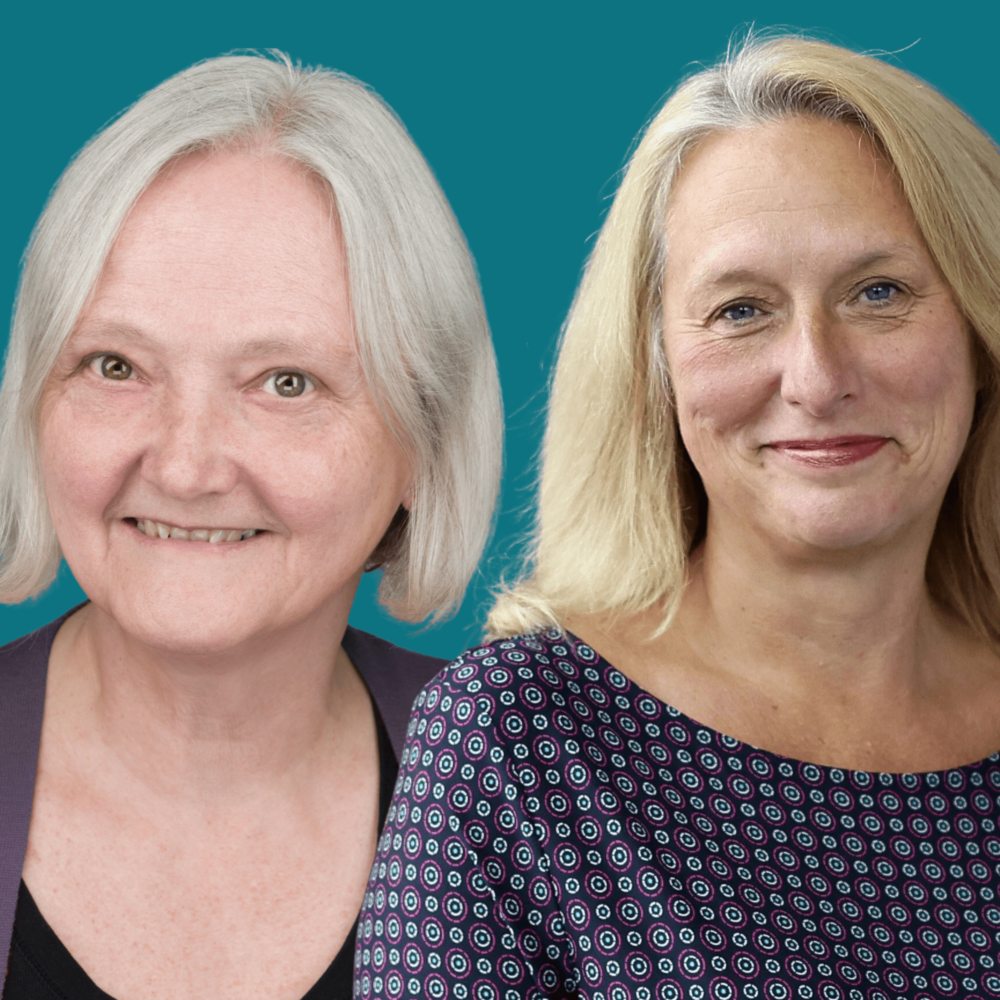 Headshot image of Professor Janet Hemingway and Lorna Green on green background